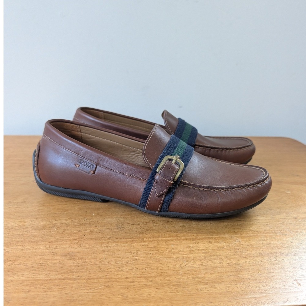 Polo Ralph Lauren‎ Riali Leather Driving Loafers Men's 8D Brown Striped Buckle